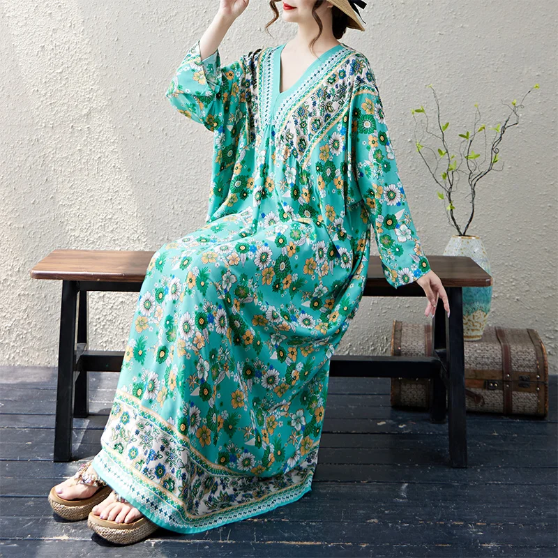 

Ele V-Ne Long Sve Cotton Blend Свободный крой для похудения Dr Женское повседневное платье трапециевидной формы прямого кроя Осенняя одежда