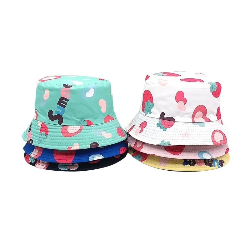 2024 Four Seasons Polyester Cartoon Strawberry Print Bucket Hat Outdoor Travel Sun Cap For Child Boy and Girl 105