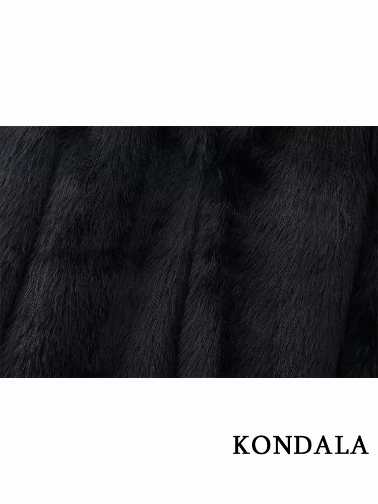 KONDALA Vintage Black Faux Fur Leather Night Party Cardigan Fashion 2023 Autumn Chic Luxury Jackets V Neck Elegant Women Outwear