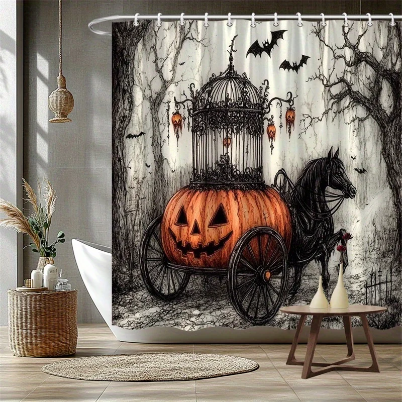 1pc Gothic Halloween Shower Curtain, Skeleton Horse Pumpkin Carriage, Skulls Bats Twisted Forest, Bathroom Decor