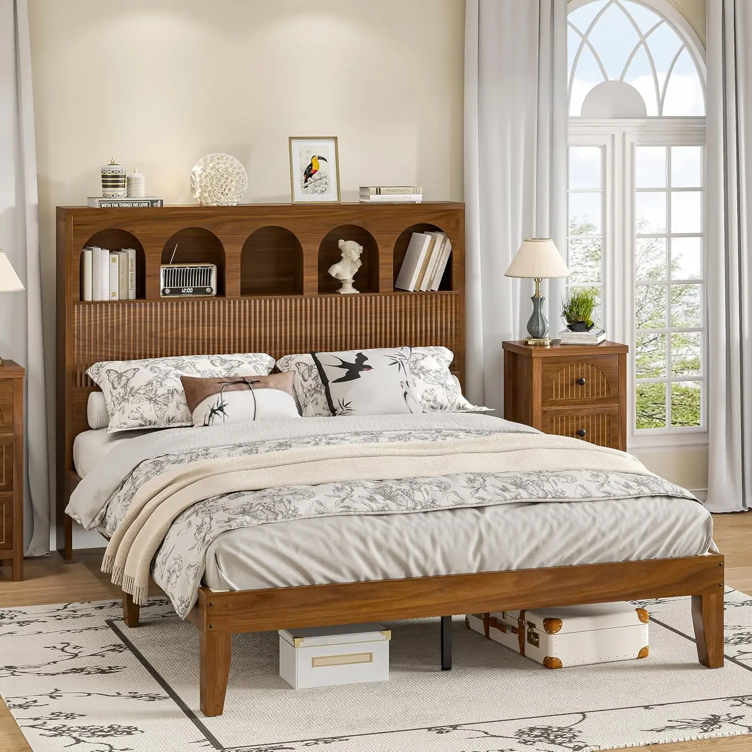 Queen Bed Frame Storage Headboard 5 Arched Compartments 12.4in Farmhouse Wood No Box Spring Quiet, Customized
