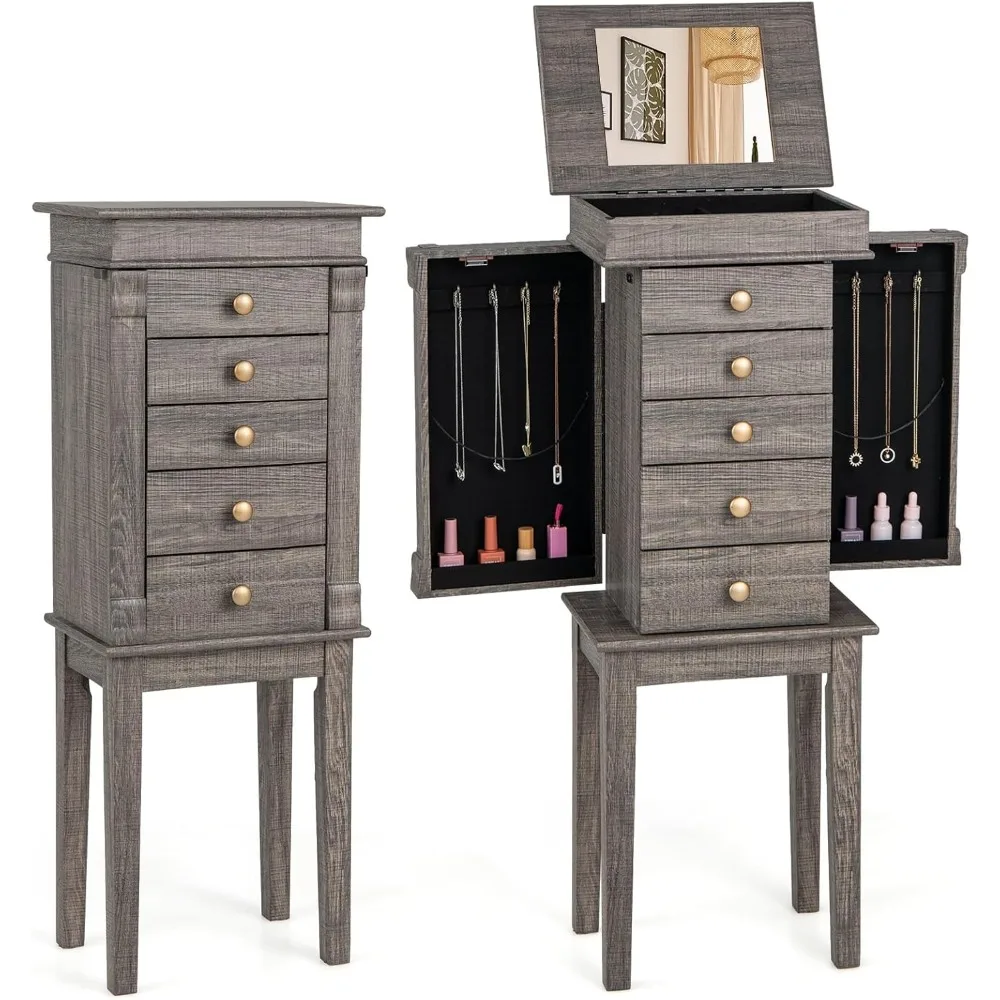 

Jewelry Cabinet Armoire with 5 Drawers, 2 Side Doors with 8 Necklace Hooks, Top Flip Mirror, 4-Compartments Organizer