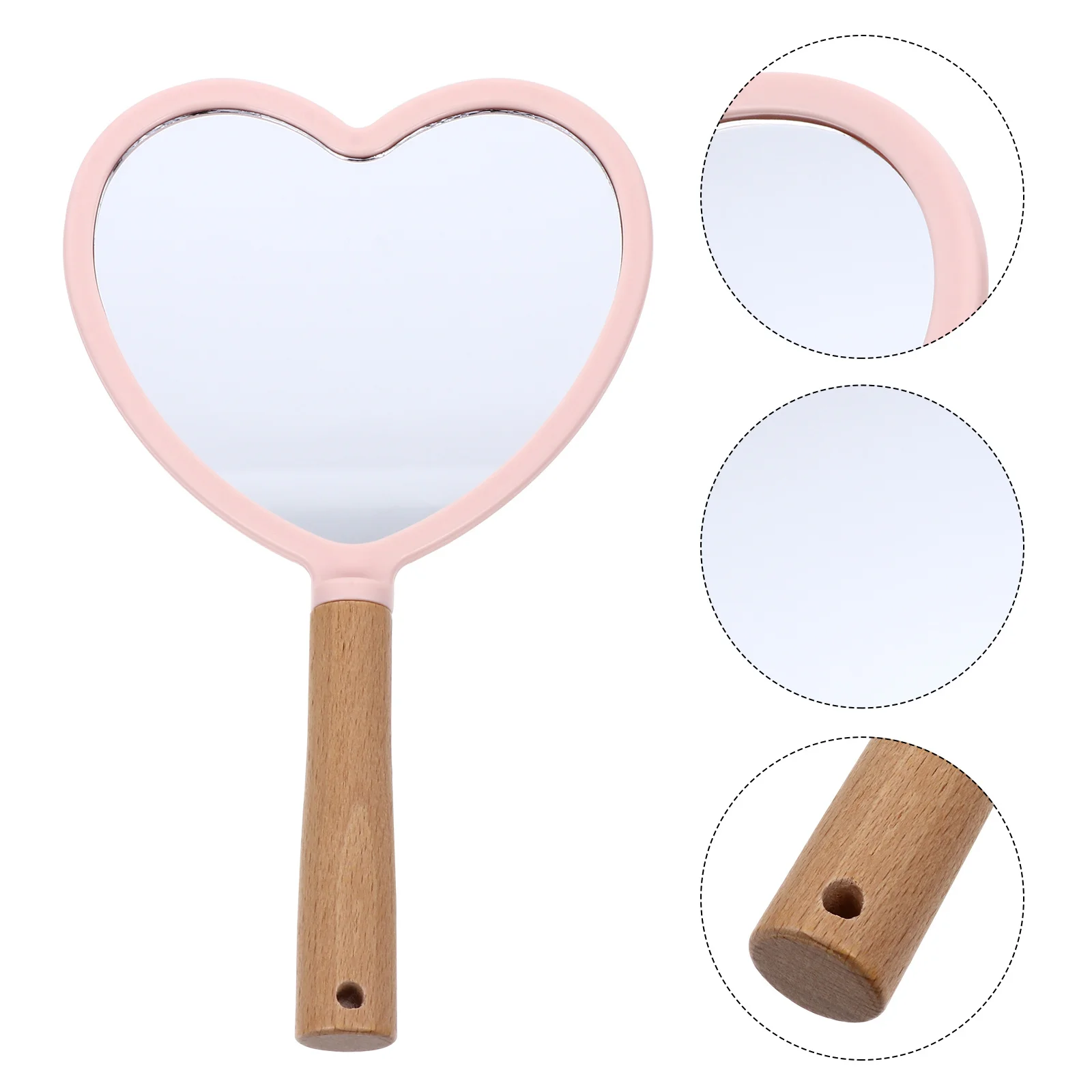 Espejo de maquillaje con mango de madera y diseño de corazón, espejo portátil para mujer, superficie reflectante HD ligera y compacta, color rosa