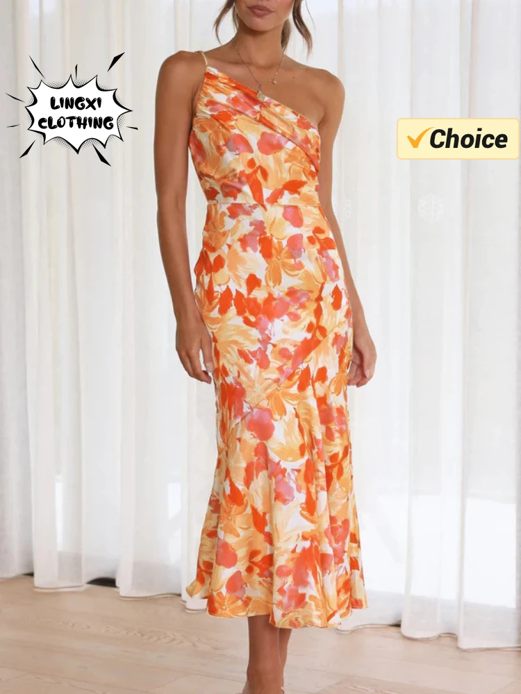 Summer Fashion Summer Skew Shoulder Print Holiday Style elegante abito Sexy da donna temperamento Beach abito lungo a coda di pesce da donna