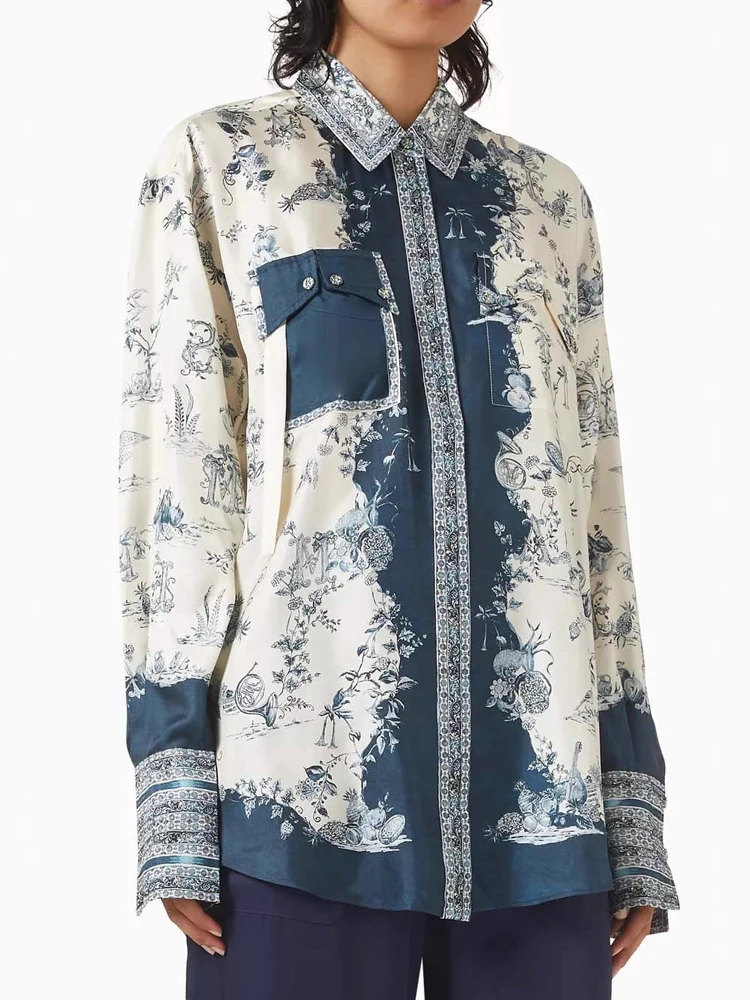 

Женский топ в стиле ретро с лацканами и длинными рукавами, элегантные праздничные футболки с карманами, осенняя новая однобортная рубашка с принтом