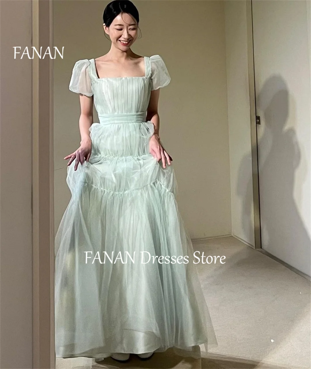 

FANAN Square Collar Customized Green Simple Evening Party Dresses Korea Tulle Wedding Women Formal Gowns Event Prom Gowns