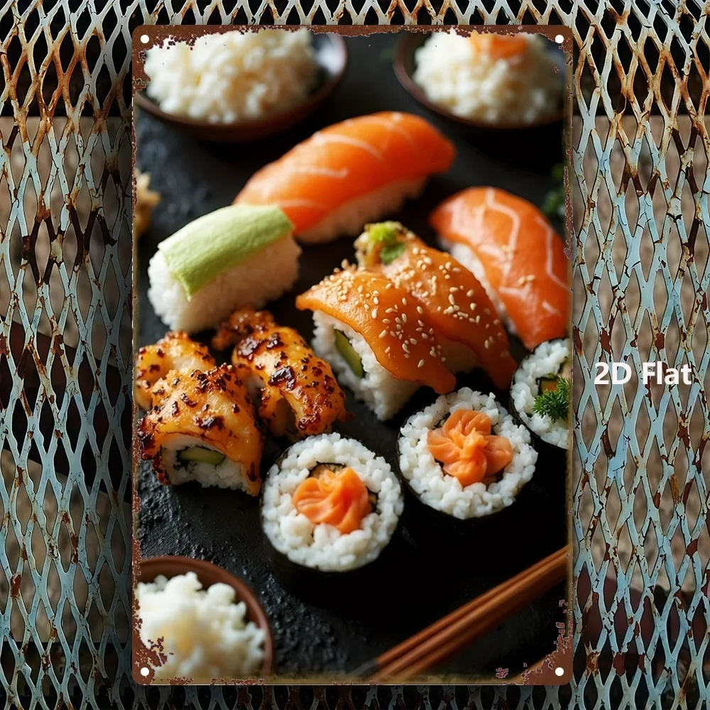 2D 1PC Sushi Sign Metal Wall Art 8x12 Inch Salmon Tuna Shrimp Temaki Decor