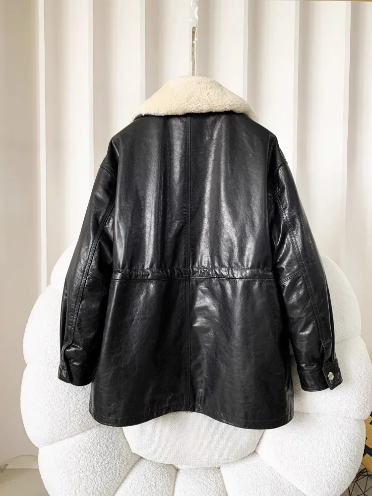 Kurtka damska retro z woskowanej skóry bydlęcej z wyjmowanym wkładem z puchu gęsiego, gruby płaszcz zimowy, ciepła, z prawdziwej skóry, średniej długości odzież wierzchnia.