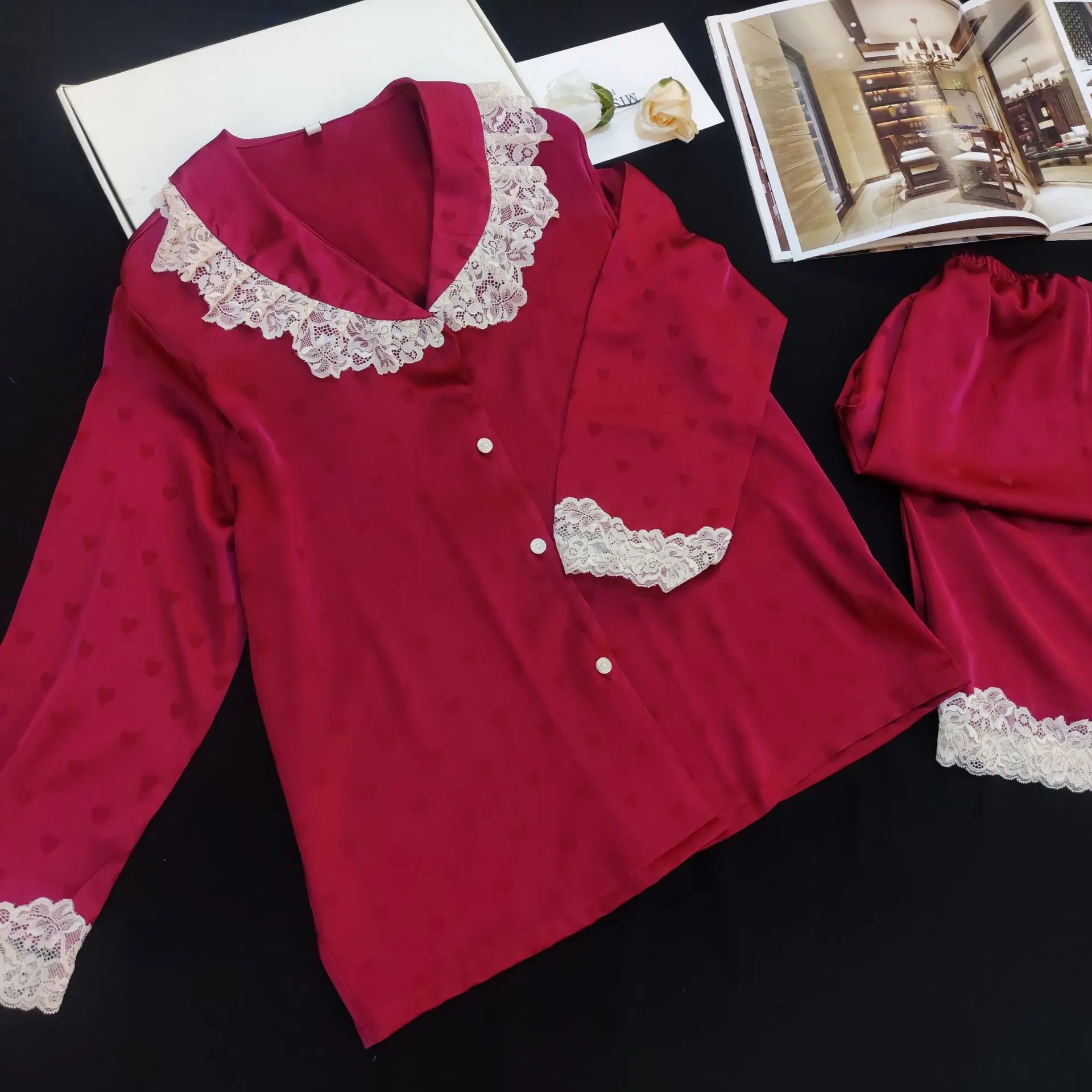 Summer New Solid Color Lace Luxury Silk Satin Long-sleeved Trousers Pajamas Set Sleepwear Home Clothes 2pcs Nightwear