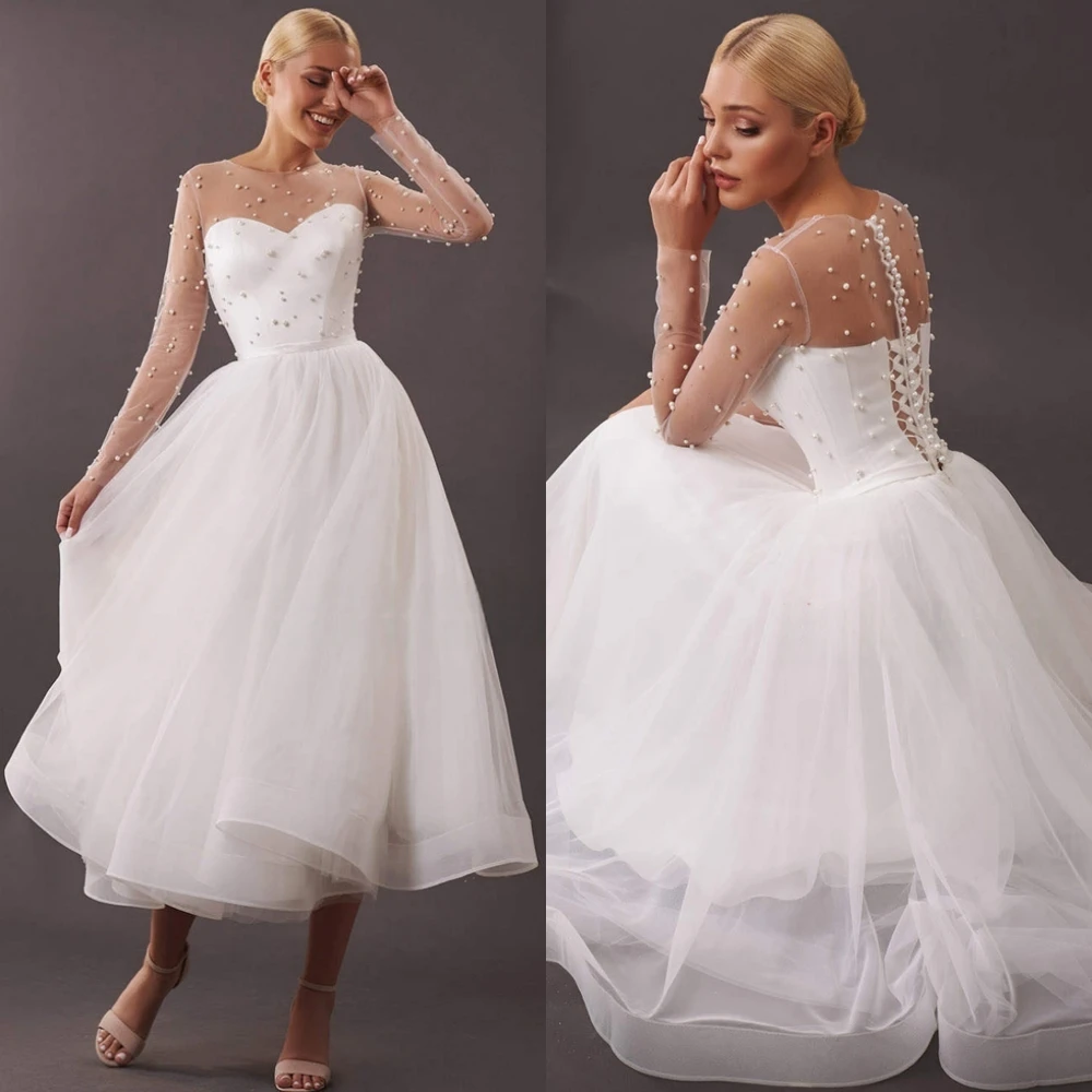 فستان سهرة رائع مخصص من التل برقبة دائرية وأكمام طويلة رقيقة فساتين لحضور الحفلات الموسيقية لؤلؤ رسمي للمناسبات الخاصة