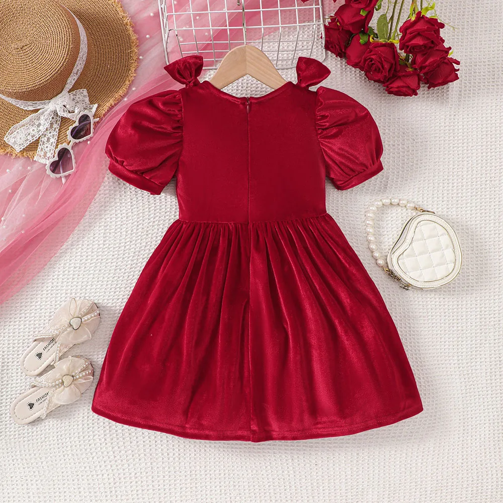 1-6Y Christmas Baby girl dresses Princess Lantern Sleeve Red Velour Dress Pearls Bow Decoration Dress Party dress