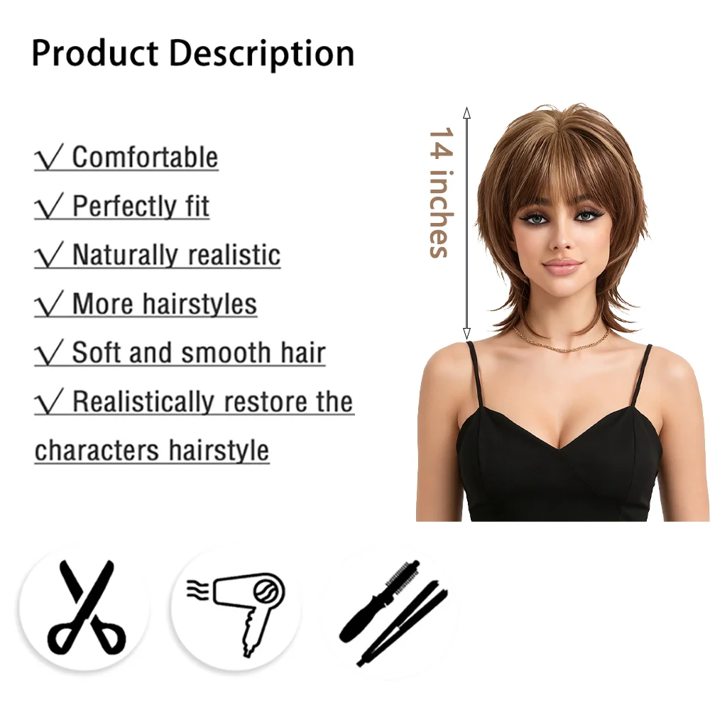 Mullet Wolf Cut Short Wigs For Women Brown Blonde Highlights Shaggy Layered Heat Resistant Synthetic Hair Daily Party Cosplay