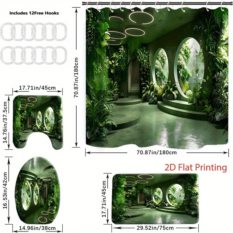 4Pcs 3D Visual Extension Green Jungle Plant Shower Curtain Set, Indoor Secret Garden Tropical Leaves Waterproof Shower Curtain With 12 Free Hooks, Non Slip Absorbent Bath Mat U Mat Toilet Lid Cover Nature Fresh Bathroom Decor Kit