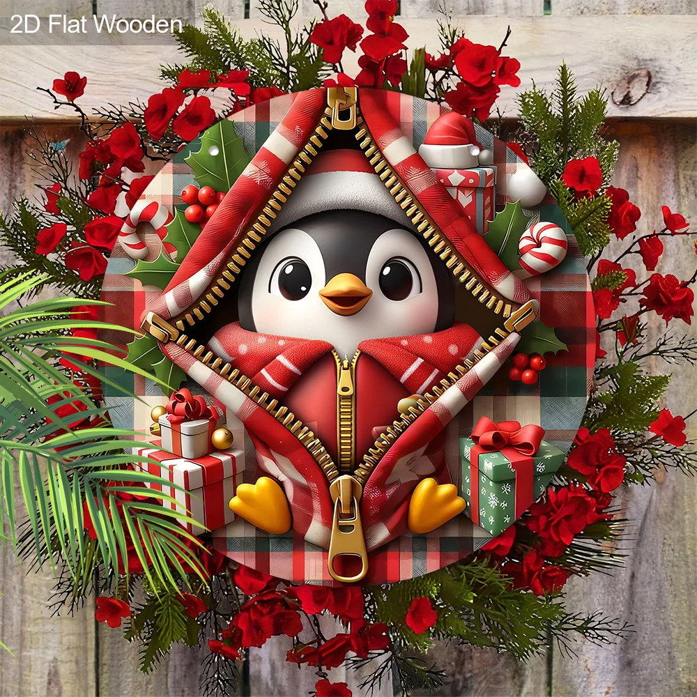 2D Flat Printing 1pc Retro Wooden Zipper Penguin Christmas Ornament - Wooden Round Zipper Action Pendant, Suitable for Fireplace
