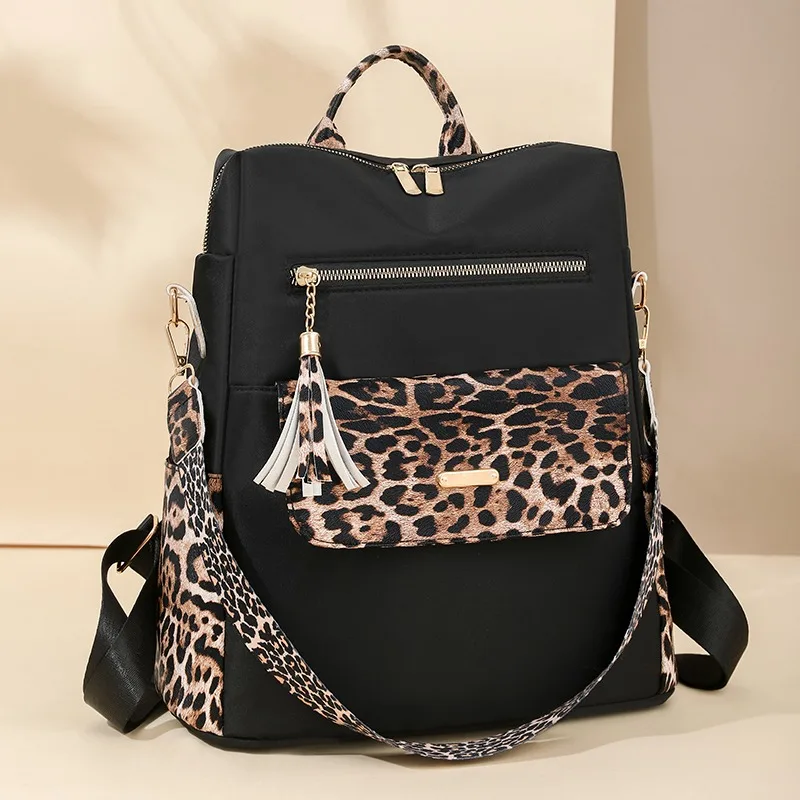 Fashionable Multi-function Leopard Backpacks for Women High Quality Luxury Tassel Backpack Lightweight Commute Nylon Travel Bag