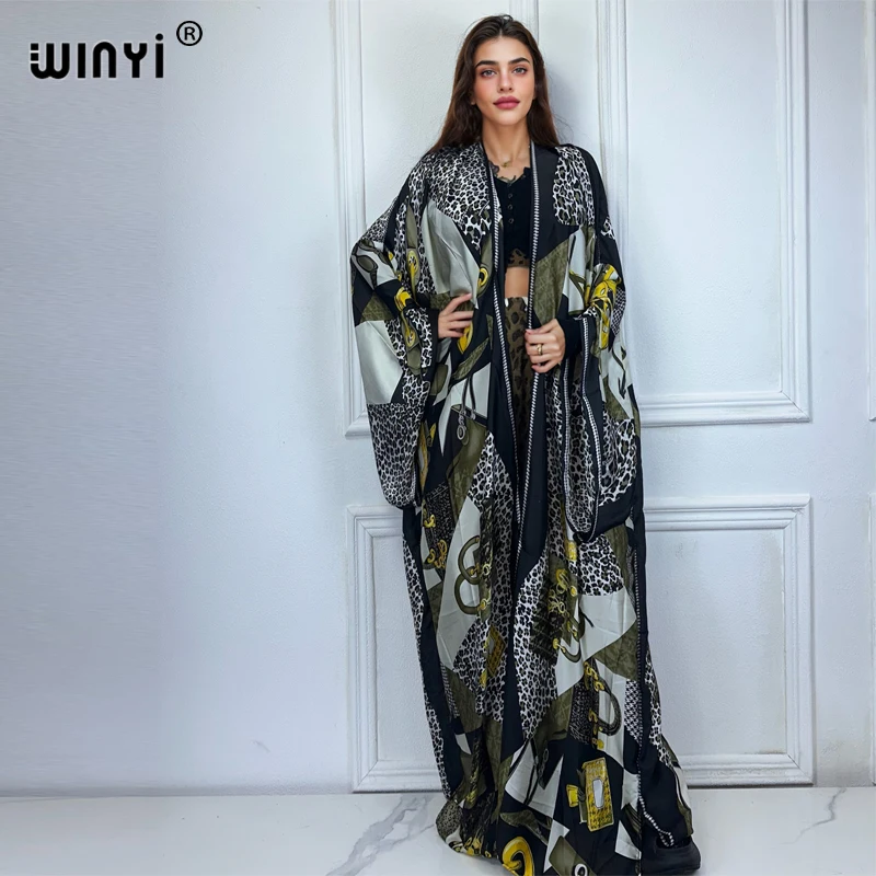 WINYI Leopard print Kimonos loose dresses for woman Africa boho Cardigan beach outfits cover up evening dress long down coat