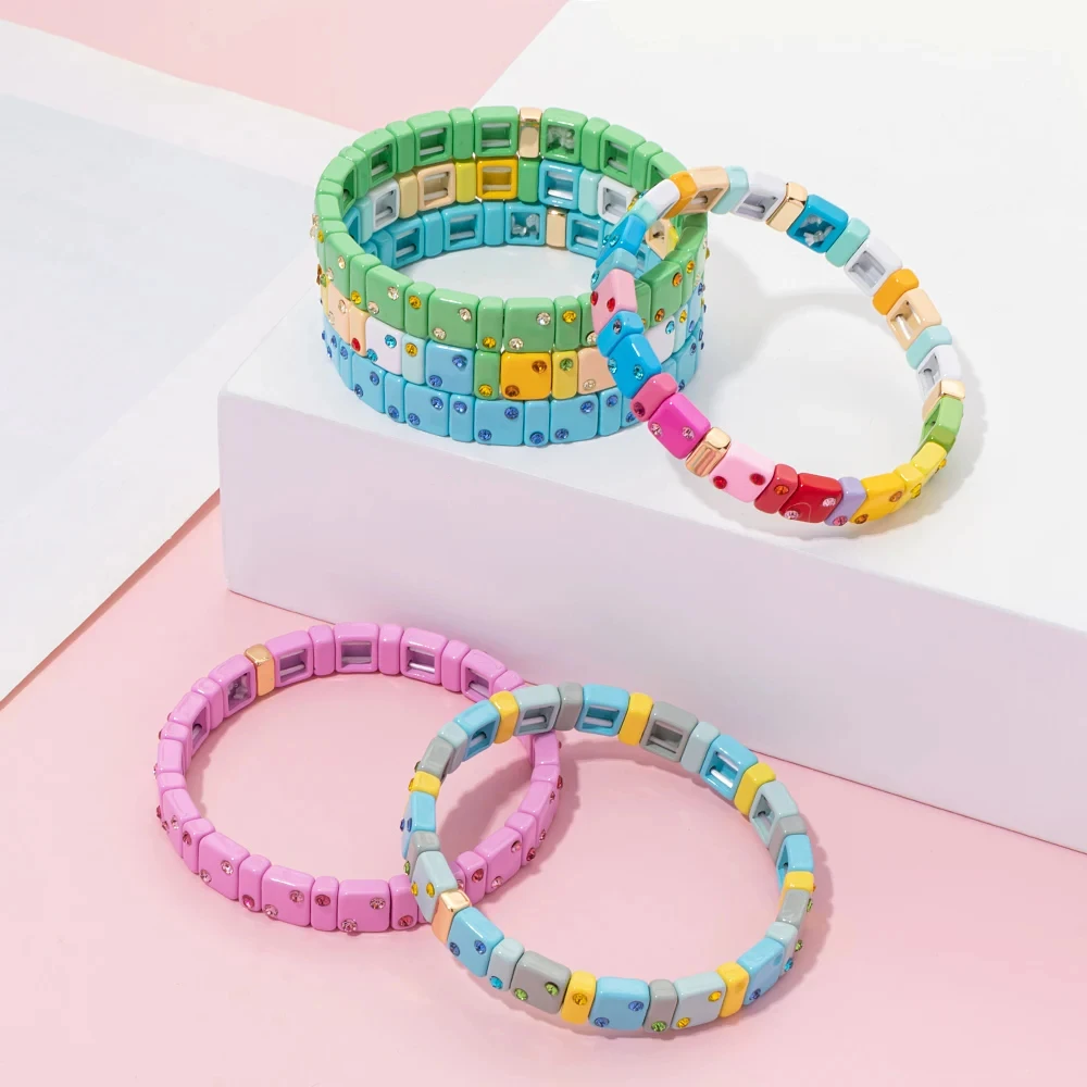 2023 New Trendy Enamel Colorful Beads Elastic Bracelet Set for Women Zirconia Bangle Women Jewelry Accessories Gift