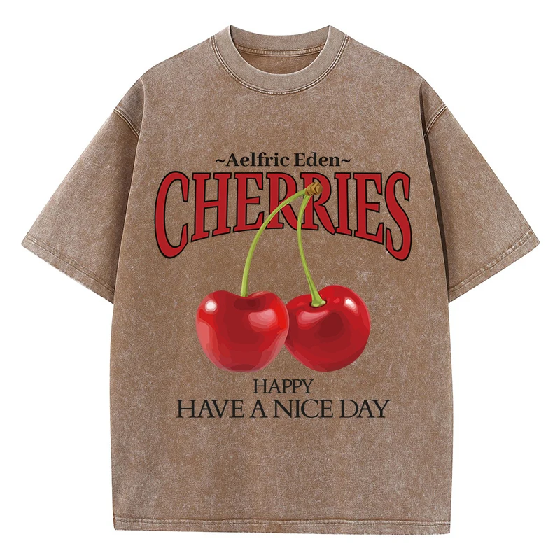 Cherries Fruit Funny Printing Men Washed Clothing Breathable Summer T-Shirt Street Fashion Tops Harajuku O-Neck Short Sleeved