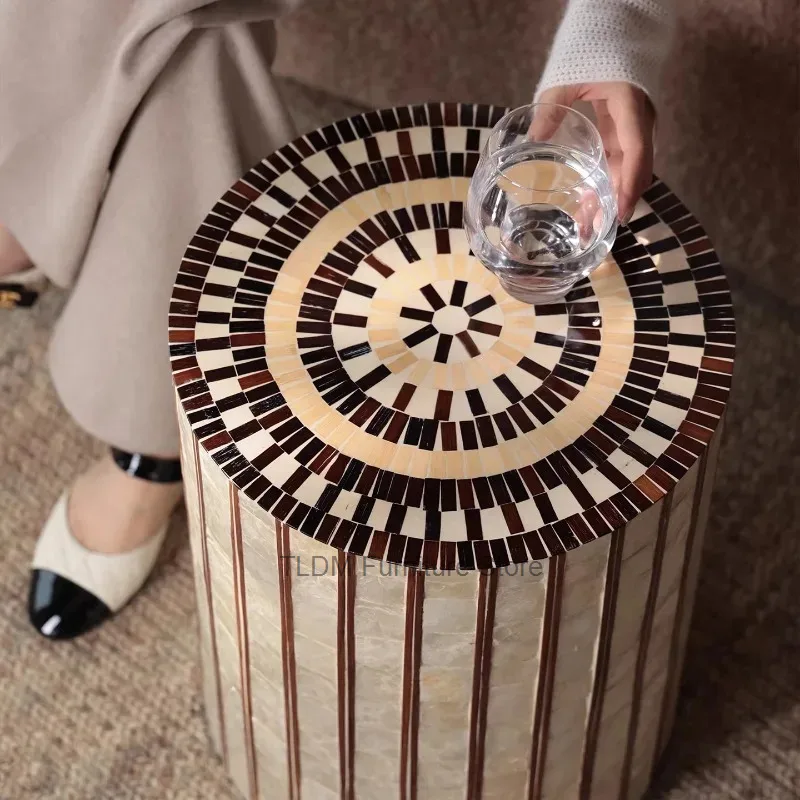 Luxury Cylindrical Side Table with Mother-of-Pearl Inlay & Stripe Accents, Round Drum Accent Table for Living Room & Bedroom