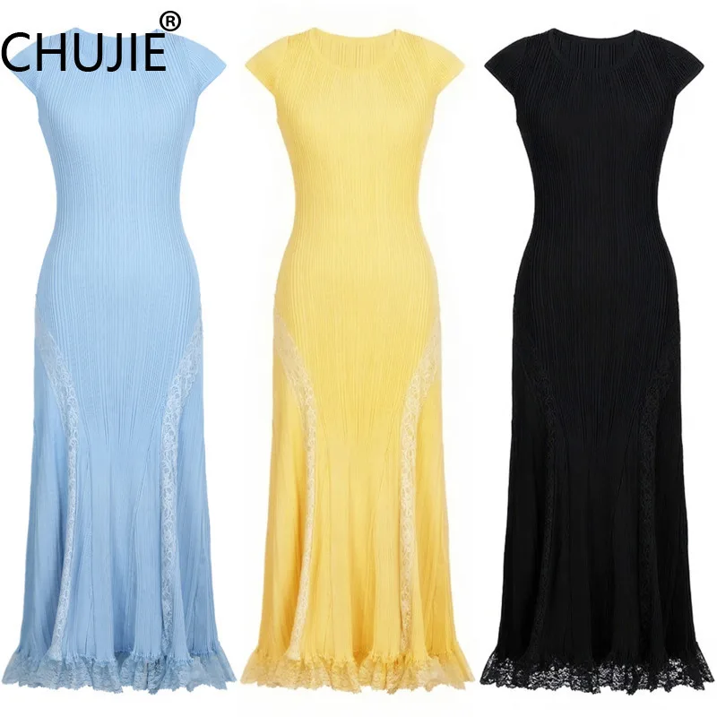

2025 Summer French Style Knit Dress - Celebrity Inspired Lace Trim, Viscose Blend - Long And Short Styles