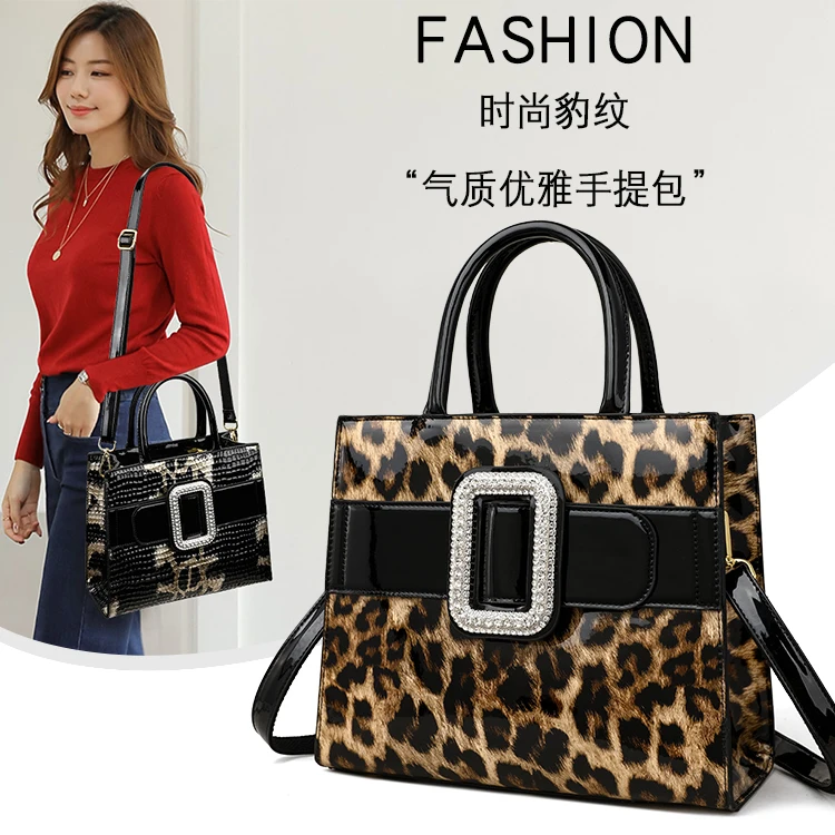 Top Quality Patent Leather Leopard Print Luxury Women Bags Diamond Ornament Large Messenger Bags for Lady Designer Female Totes