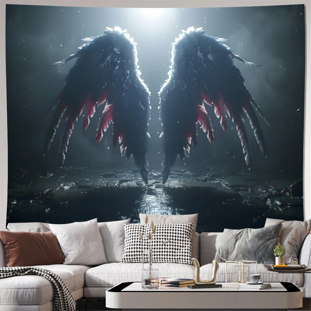 Dark Angel Wings Tapestry, Black Feather Gothic Wall Hanging, Edgy Fantasy Room Decor, Mysterious Wings Bedroom Background Cloth
