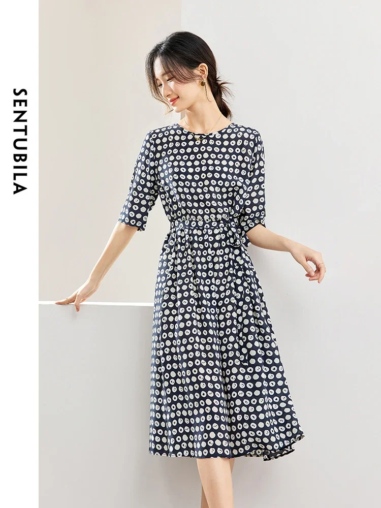 SENTUBILA 100% Silk Luxurious Dress for Women 2024 Summer Wave Point Print Half Sleeve O Neck Lace Up A Line Dress 142L53163X