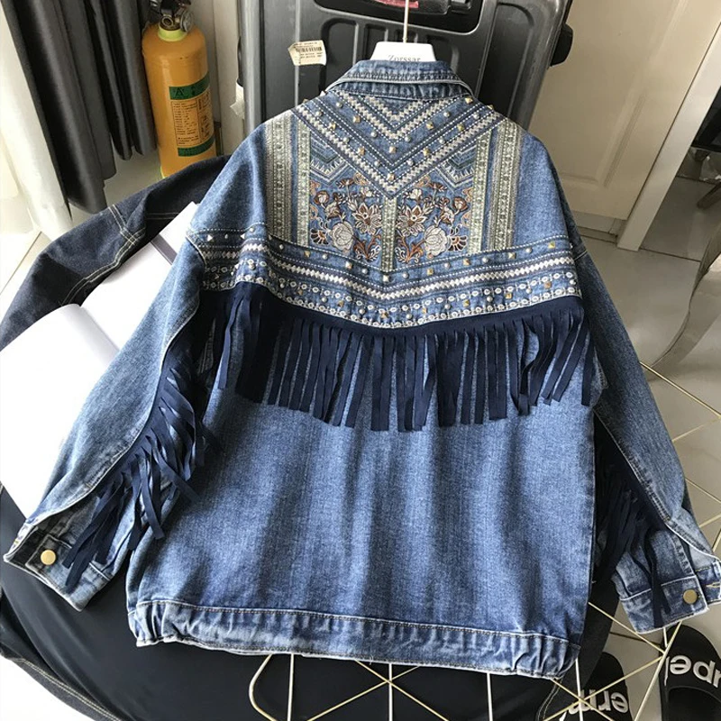 

Punk Boho Tassel Embroidery Denim Blue Loose Rivet Pocket Oversize Moto Biker Female Jean Jacket Women Clothing