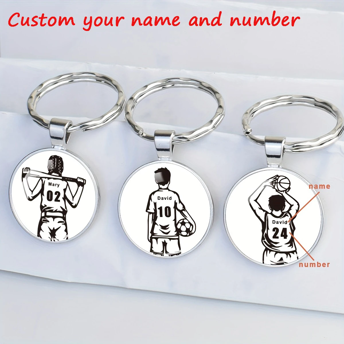 Custom Sports Keychain with Name & Number, Baseball Silhouette Design, Zinc Alloy Glass Dome Pendant, Gift for Fans & Players