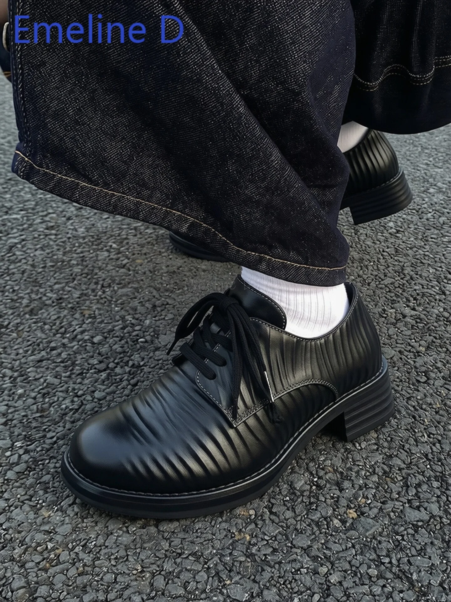 Men Pleated Derby Shoes Textured Faux Leather Upper Lace Up Round Toe Block Heel Thick Sole Retro Street Formal Daily Footwear