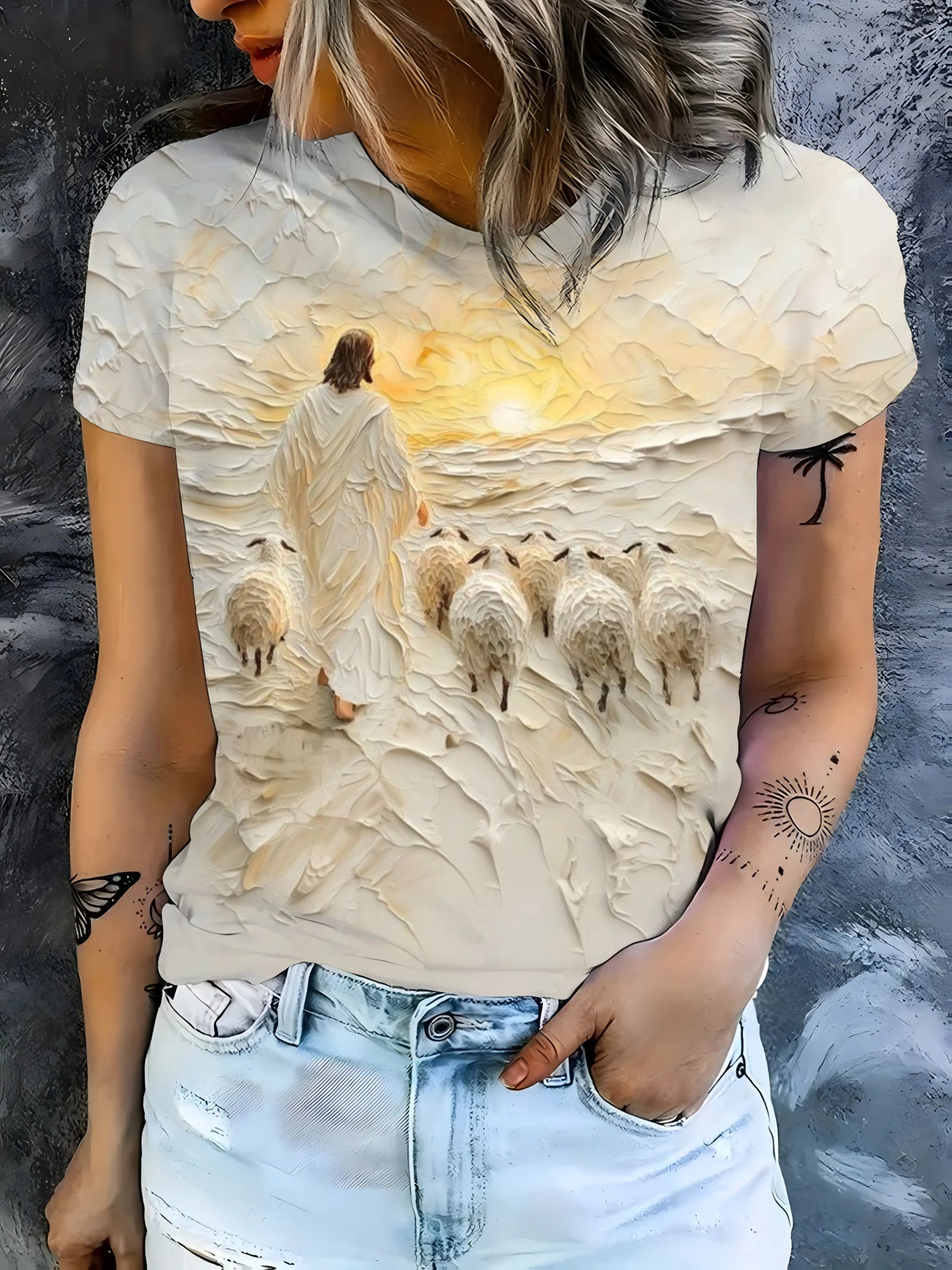 Women Short Sleeve T‑Shirt Shepherd And Sheep Scenery Art Print Crew Neck Loose Summer Casual Tops