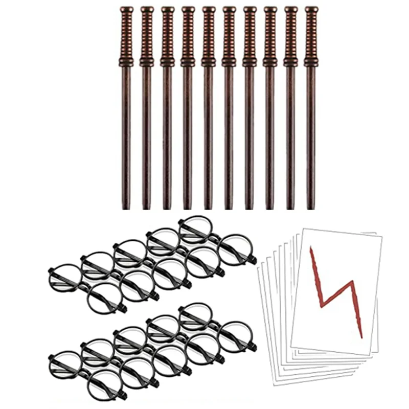 30 Pcs Wand Pencils Bolt Tattoos Stickers Costume Glasses with Round Frame Party Supplies Set Wizard Wand