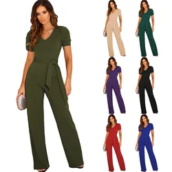 Women Rompers Overalls Short Sleeve V Neck Jumpsuits One Piece Wide Leg Pants Solid Lace Up Pockets Office Lady Loose Fit
