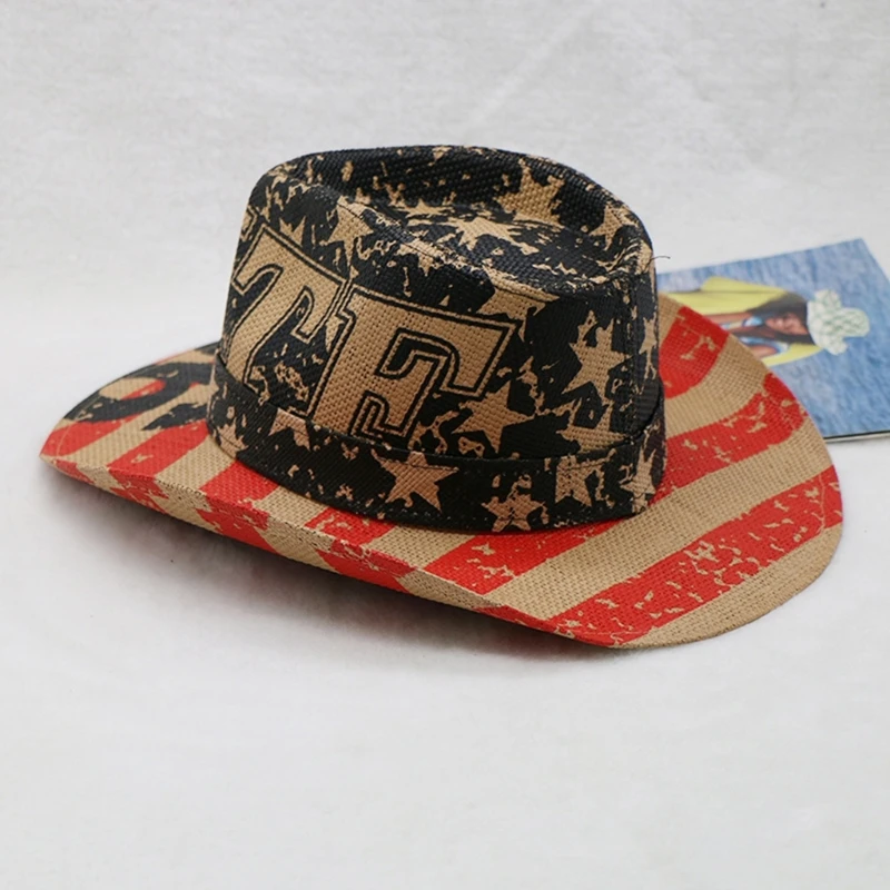 Graffiti Cowboy American-Flag Pattern Hat for Men Western Cowboy Hat Model Show Adult Cowboy Hat with Ox Head Decors