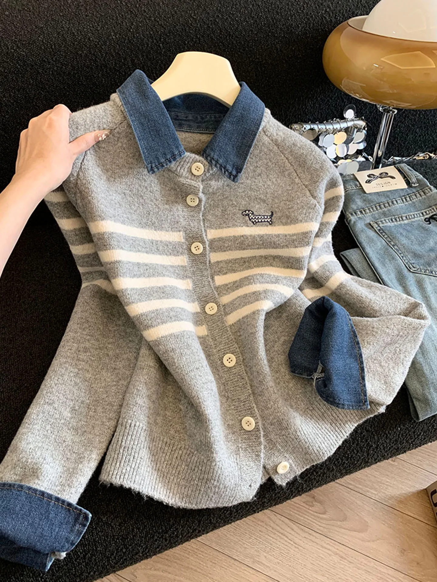 

Emily Clud Selected Recommendation Women's Denim Patchwork Striped Knitted Cardigan Fake Two-Piece Sweater Jaet Spring Comm...