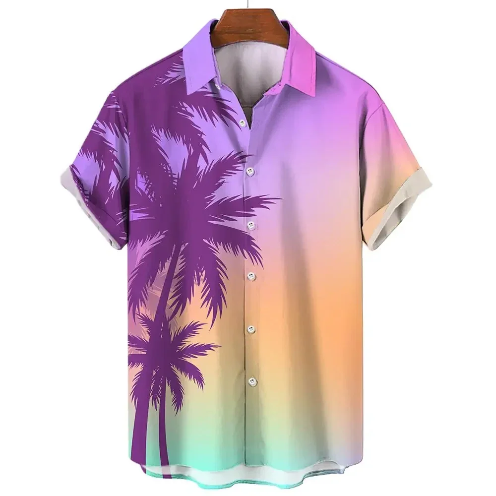 Camisa havaiana de manga curta masculina, padrão gradiente, gola de botão, casual camisa solta de rua, verão