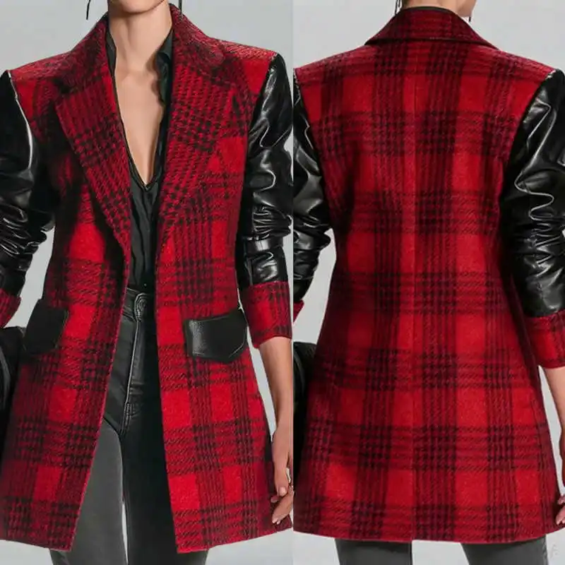 

Winter Plaid Color-blocked Women Overcoat Slim Fit 1 Piece Warm Fashion Plush Woman Business Office Customized