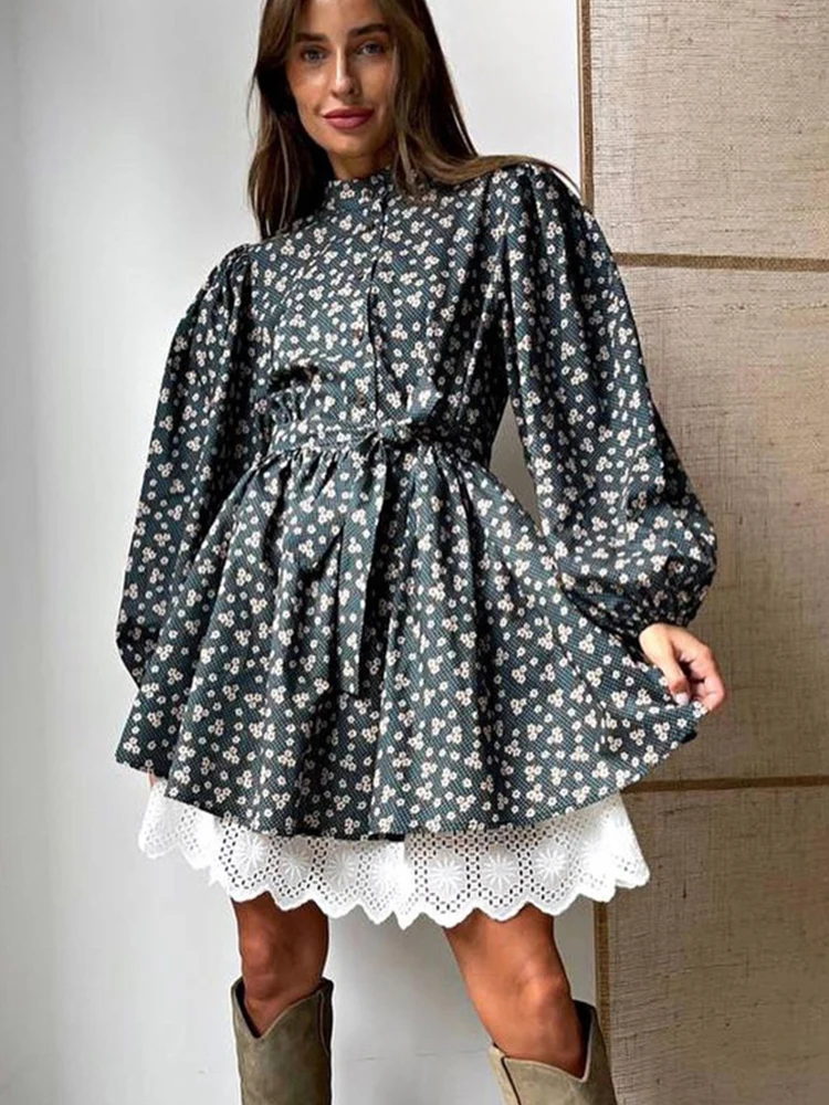 Mumaroho 2023 Autumn Winter Women Prairie Chic France Mini Dress Floral Printed Long Sleeve A-Line Flare Dress Female