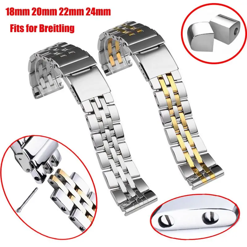 Jubilee 5 Beads 18mm 20mm 22mm 24mm Solid Stainless Steel Silver Gold Straight End Screw Watch Band Strap For Breitling Watch