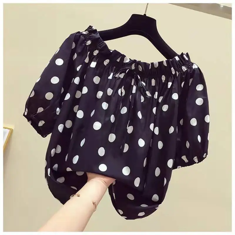 Sweet Slash Neck Lace Up Bow Folds Polka Dot Blouse Women\'s Clothing 2023 Spring New Casual Pullovers Chiffon Office Lady Shirt