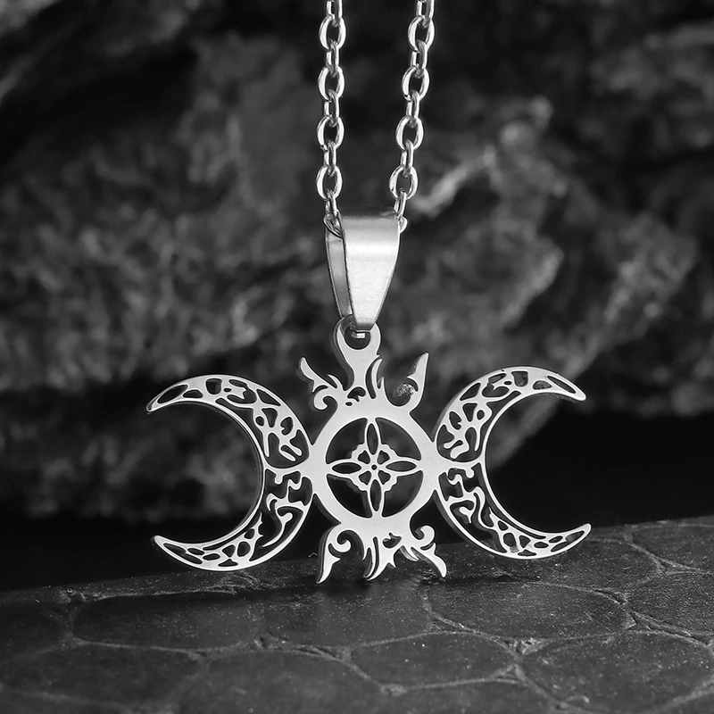 Stainless Steel Sun and Moon Celtic Knot Witchcraft Witch Knot Pendant Necklace Retro Fashion Lucky Trendy Jewelry for Men