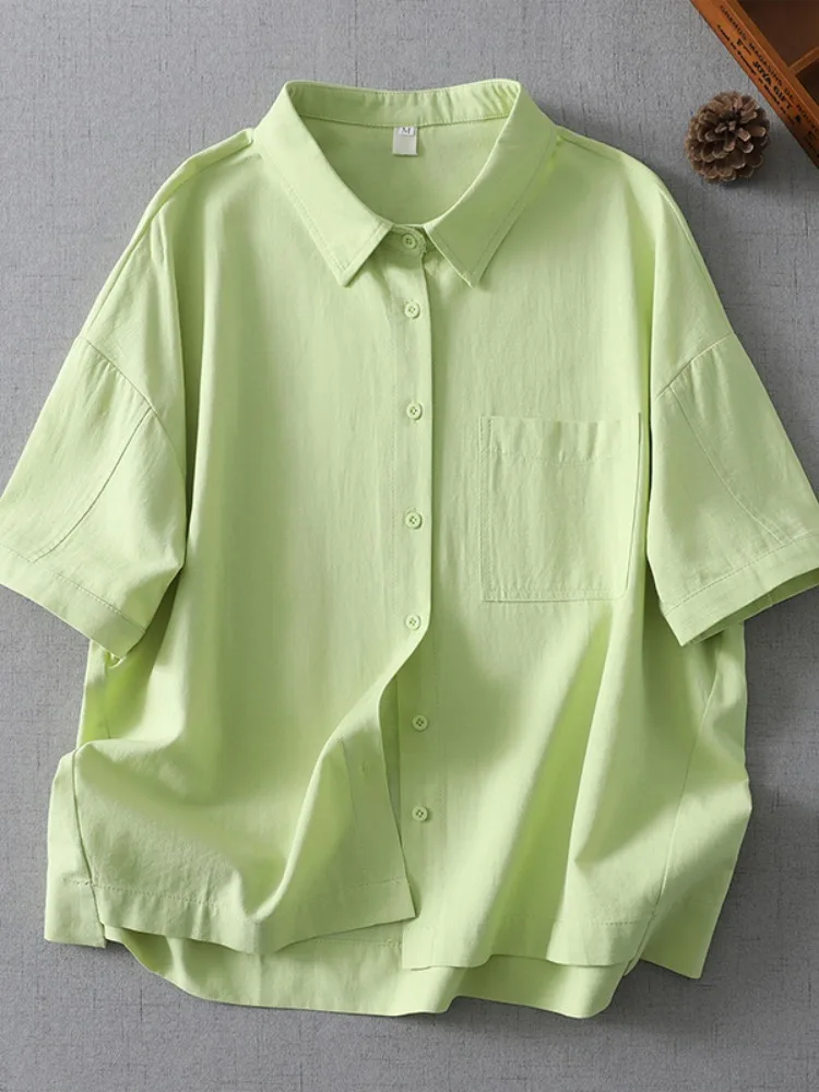 

Japanese Style Loose Fit Short Sleeve Cotton Linen Shirt Women Summer Thin Lazy Style Linen Commute Top Breathable Casual Shirt