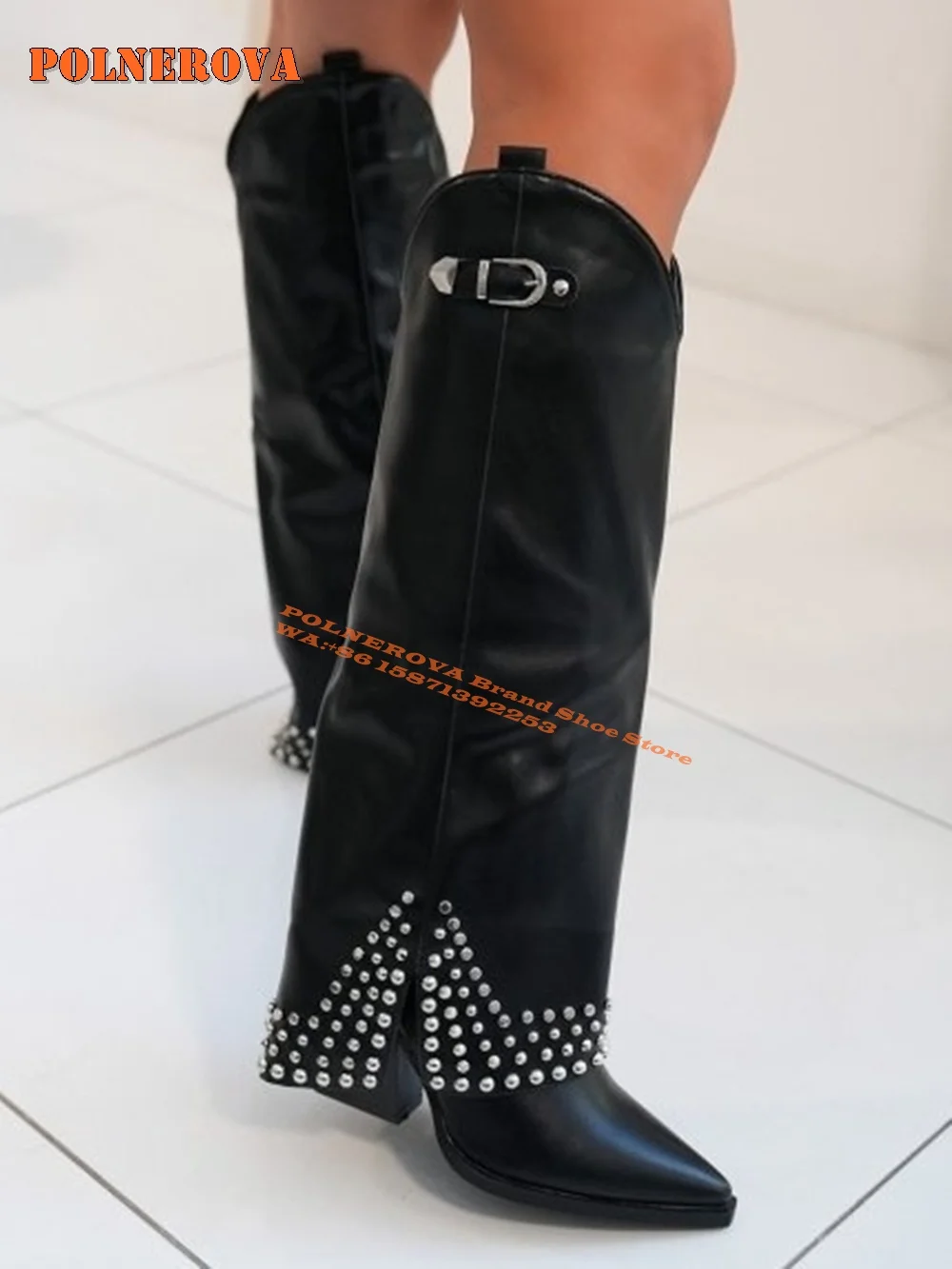 Belt Buckle Rivet Fashion Trouser Boots Pointed Toe Block Heels Pull On Large Size Women Sleeve Boots 2024 New Style Luxury Shoe image 3