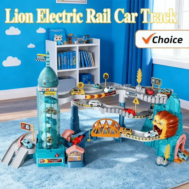 Zabawka dla dzieci: kolejka górnicza z lewem, tor do samodzielnego montażu, pojazd inercyjny, autko z toru, prezent urodzinowy dla dzieci.