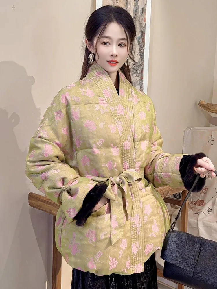 

New Chinese Sle Women's White Goose down Jaet Warm Waist-Cinching Belted ort Coat Winter Outerwear 2025