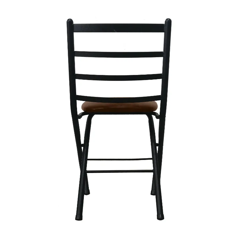 Indoor Black Folding Slat Chair with Brown Vegan Leather Seat