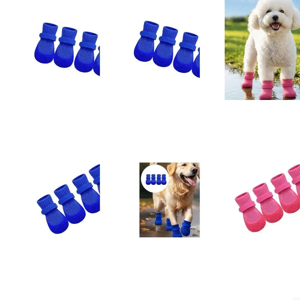 4pack Dog Foot Coverings with Textured Grip Bottoms, Tall Cuffs and Fastening Closures, Washable for Home and Walks B03E