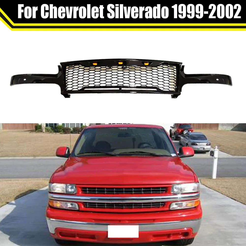 Gloss Black Racing Grills With LED Light For Chevrolet Silverado 1999-2002 Car Grille Auto Front Bumper Grill Mesh Upper Grid