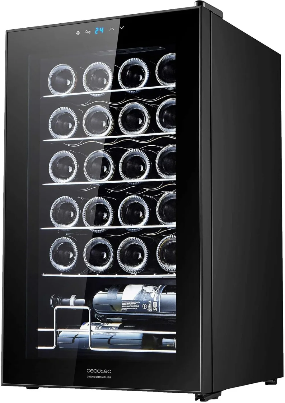 Cecotec Vinoteca 24 Botellas GrandSommelier 24000 Negro. Compresor Silencioso, 5-18oC, Control Táctil, Luz LED, Puerta Negra