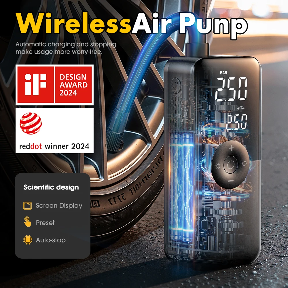 Carsun 150Psi Portable Tire Inflator - Red Dot Design Award 2024 Winner, Rechargeable Digital Air Compressor for Car Bike Ball